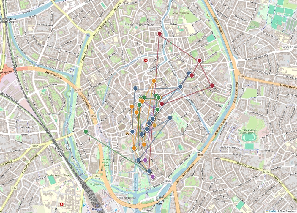 Map of Bruges showing the six audio-tour routes